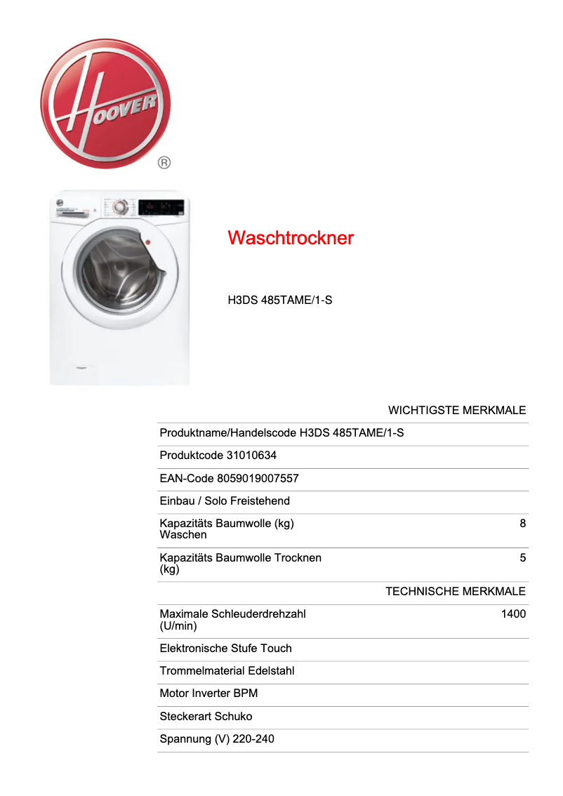 Page n°1 - Fiche technique Hoover H-WASH 300 PLUS