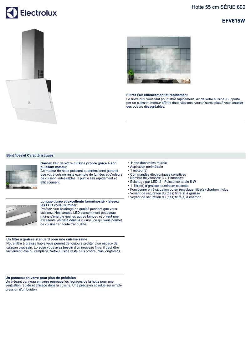 Page 1 de la notice Fiche technique Electrolux EFV615W