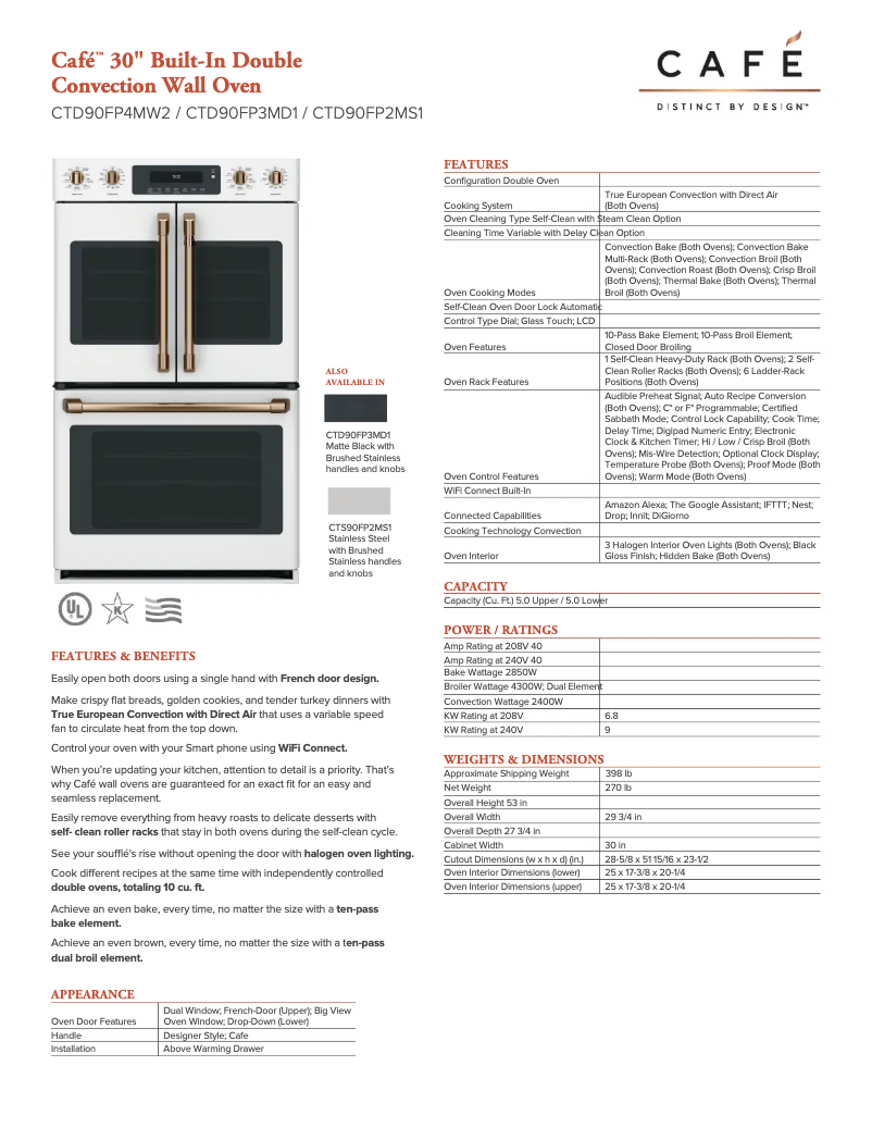 Page 1 of the manual Technical Sheet GE Café CTD90FP2MS1