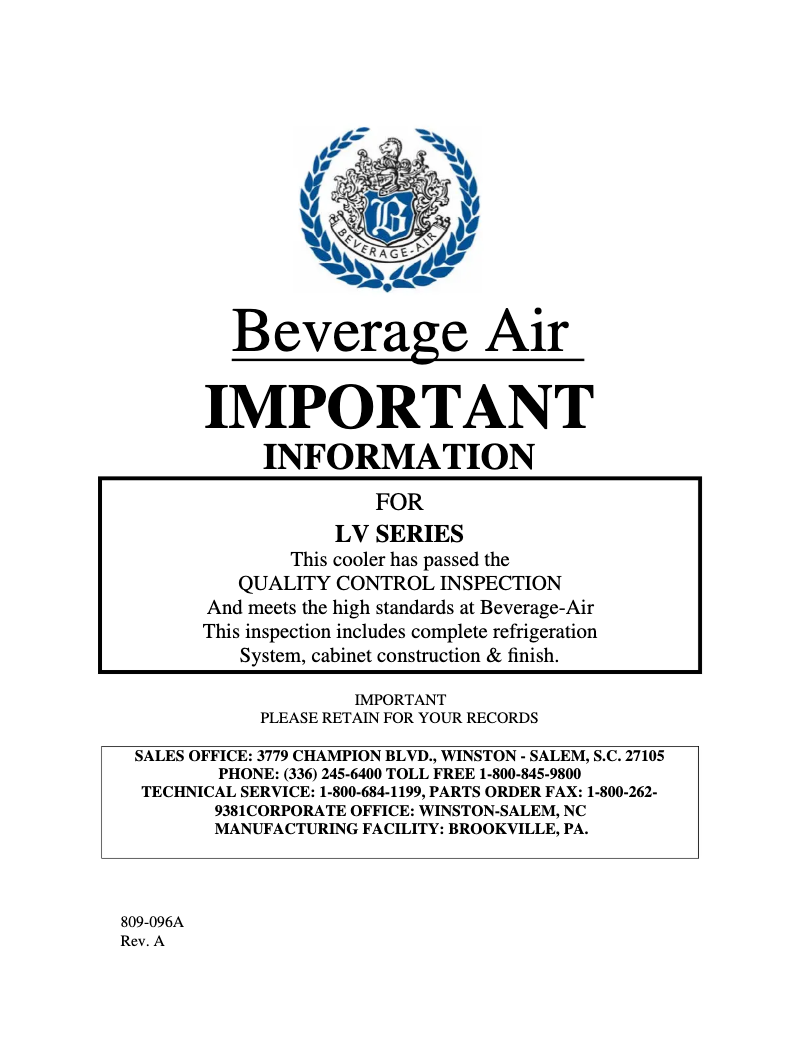 Page 1 de la notice Manuel utilisateur Beverage-Air LV17HC-1-W