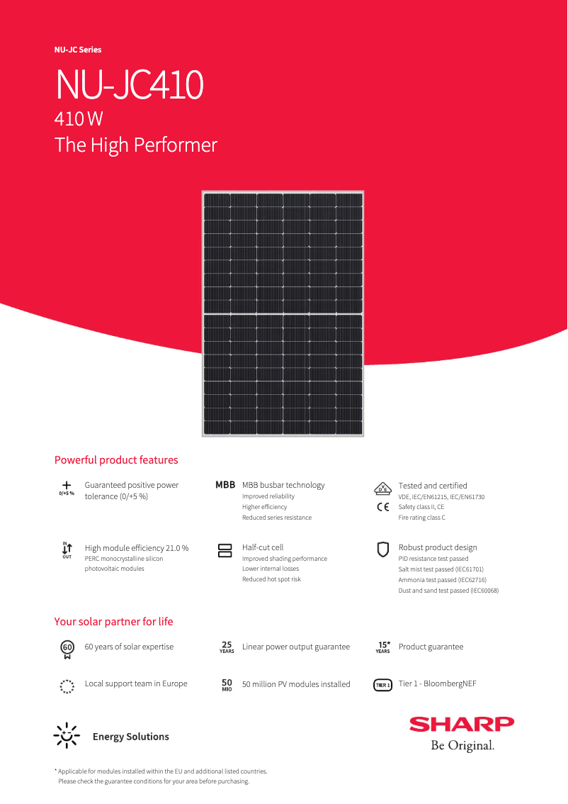 Page 1 de la notice Fiche technique Sharp NUJC410