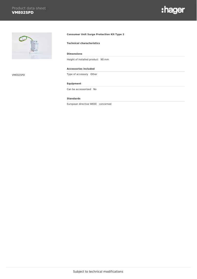 Page n°1 - Fiche technique Hager VME02SPD