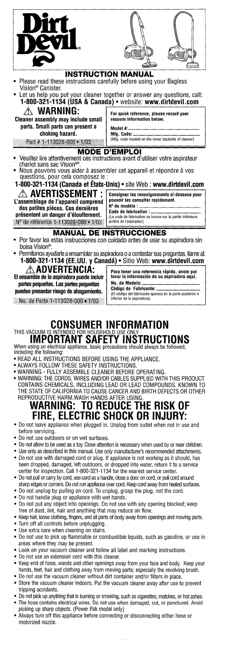 Page n°1 - Manuel utilisateur Dirt Devil Breeze M082500