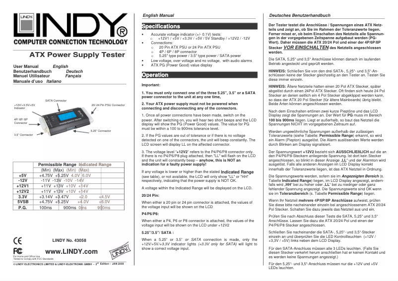 Page n°1 - Manuel utilisateur Lindy 43058