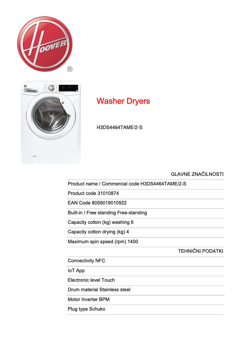Page n°1 - Fiche technique Hoover H3DS4464TAME/2-S