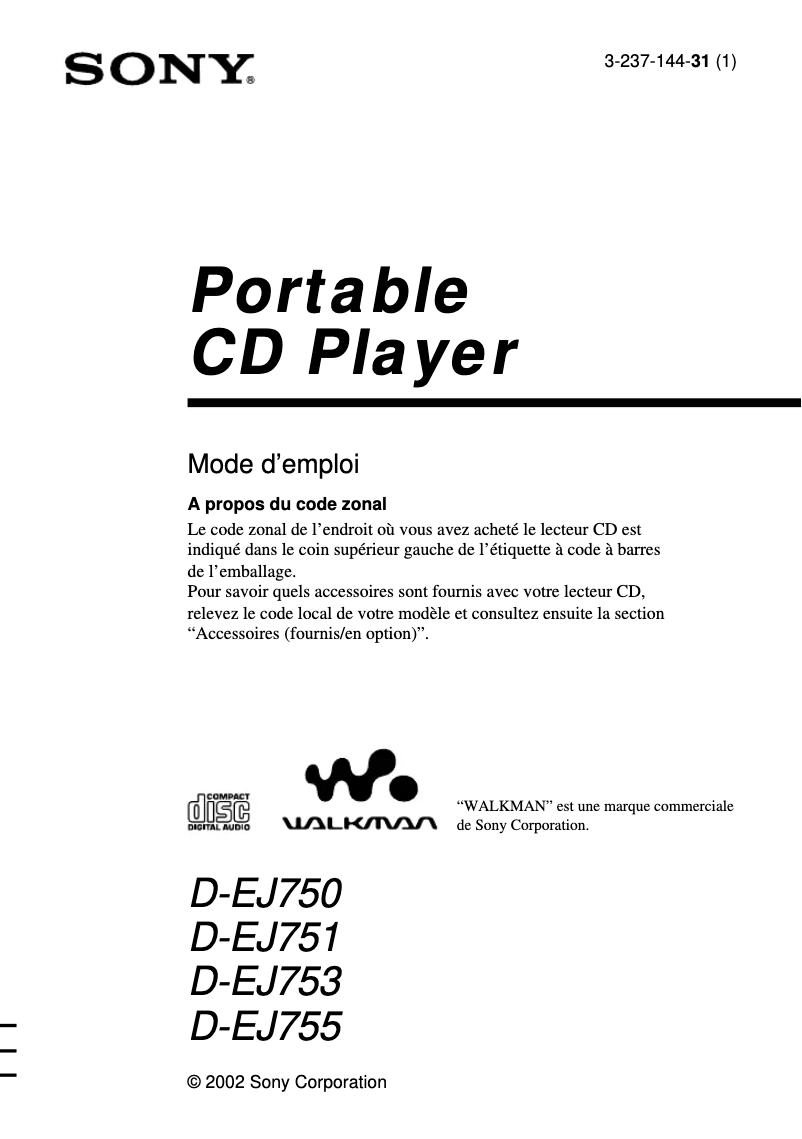 Page n°1 - Manuel utilisateur Sony Walkman D-EJ753