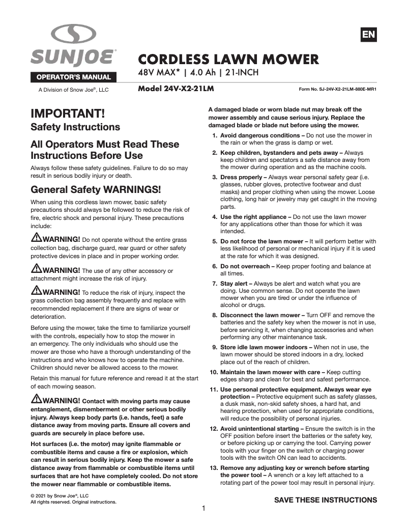 Page 1 de la notice Manuel utilisateur Sun Joe 24V-X2-21LMSP-CT