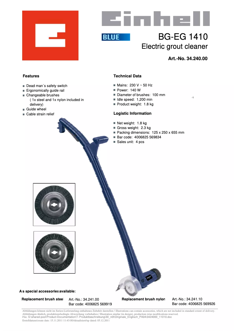 Page 1 de la notice Fiche technique Einhell BG-EG 1410