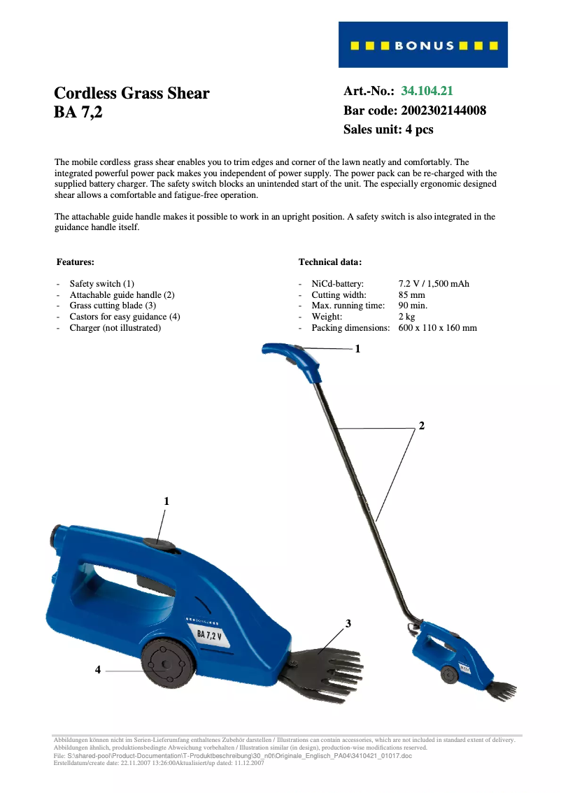 Page n°1 - Manuel utilisateur Bonus BA 7,2 V