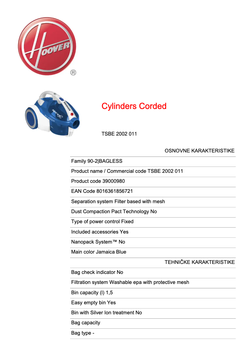 Page 1 de la notice Fiche technique Hoover TSBE 2002 011