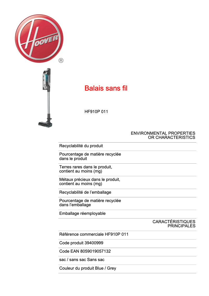 Page 1 de la notice Fiche technique Hoover HF910P 011