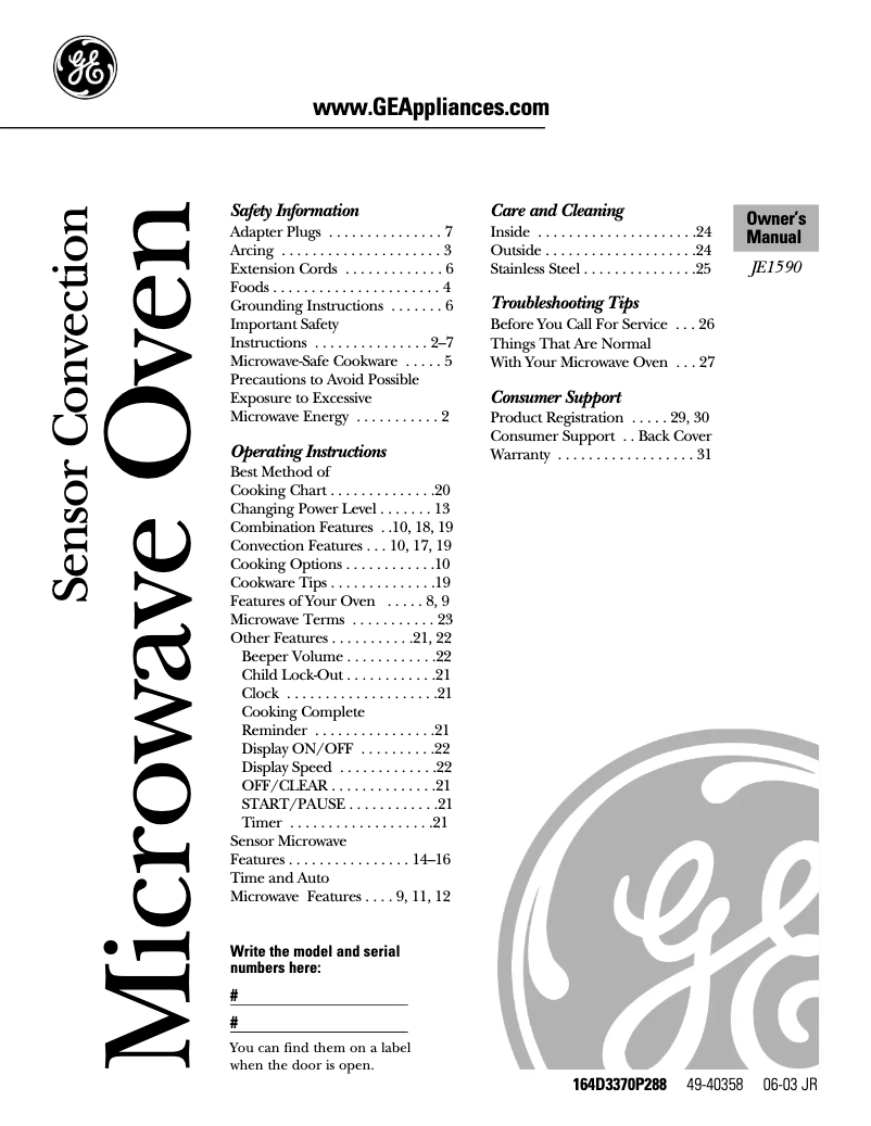 Image de la première page du manuel de l'appareil Profile JE1590WC