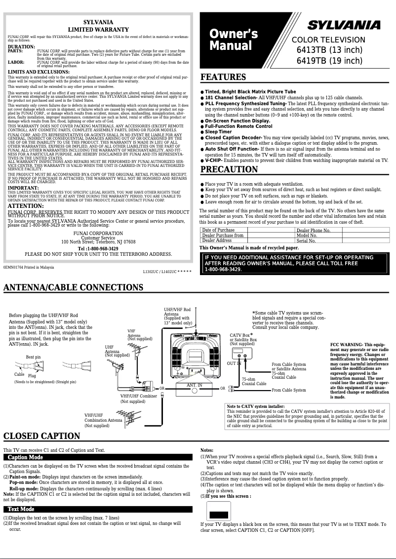 Page 1 de la notice Manuel utilisateur Sylvania 6419TB