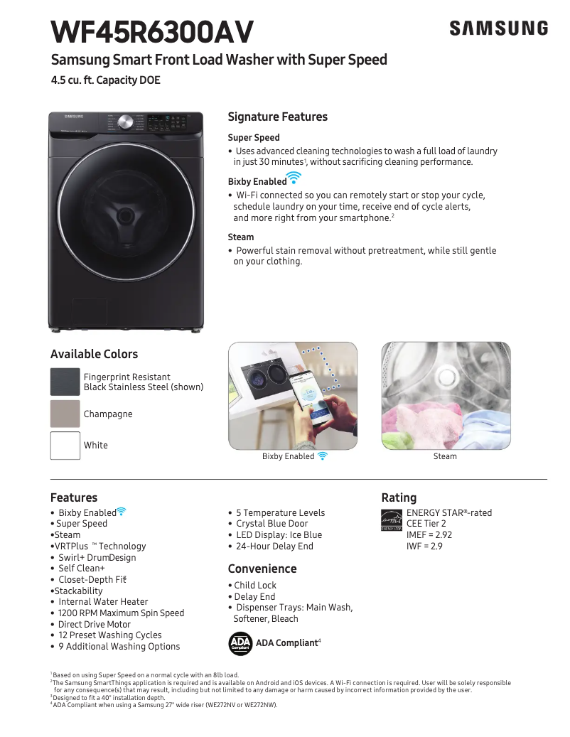 Page 1 de la notice Fiche technique Samsung WF45R6300AC