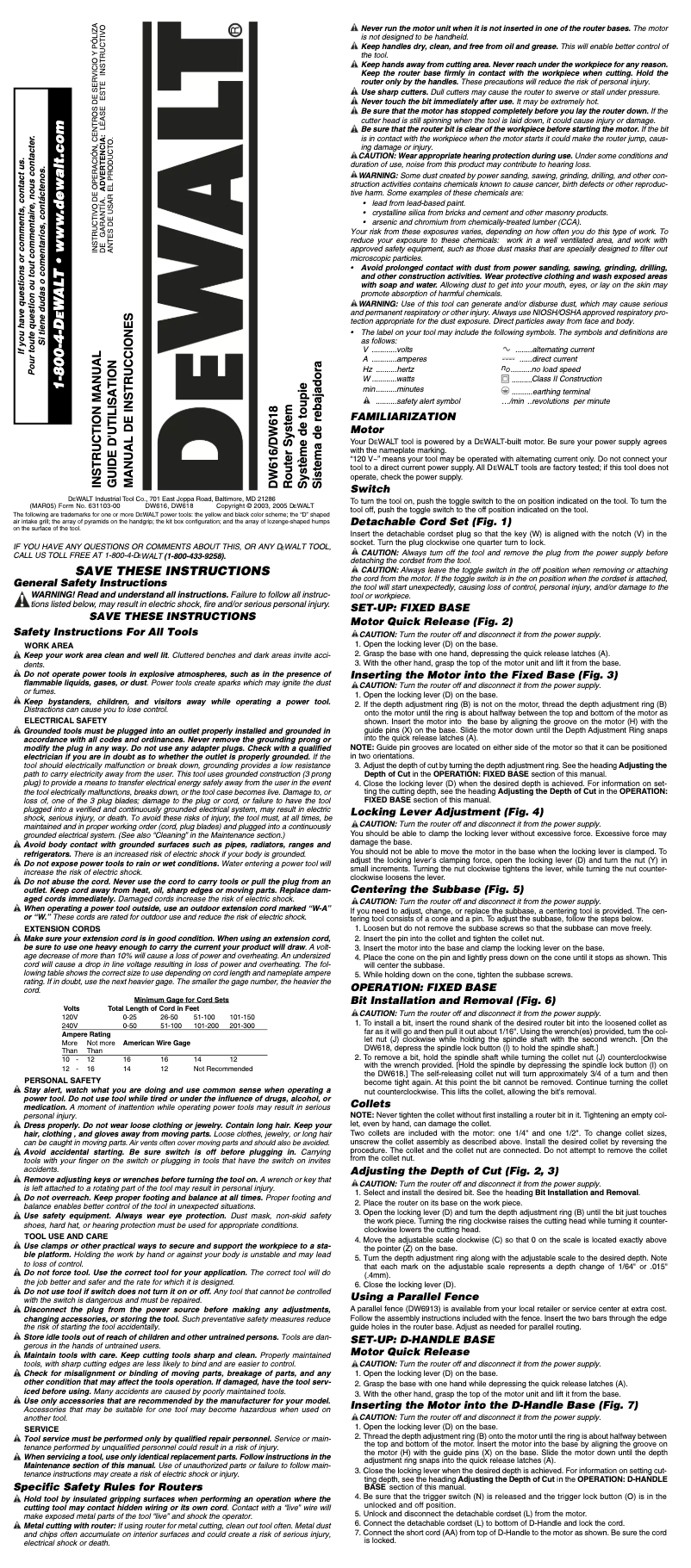 Page 1 de la notice Manuel utilisateur DeWalt DW616M