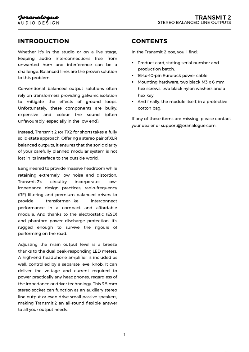Page 1 de la notice Manuel utilisateur Joranalogue Transmit 2
