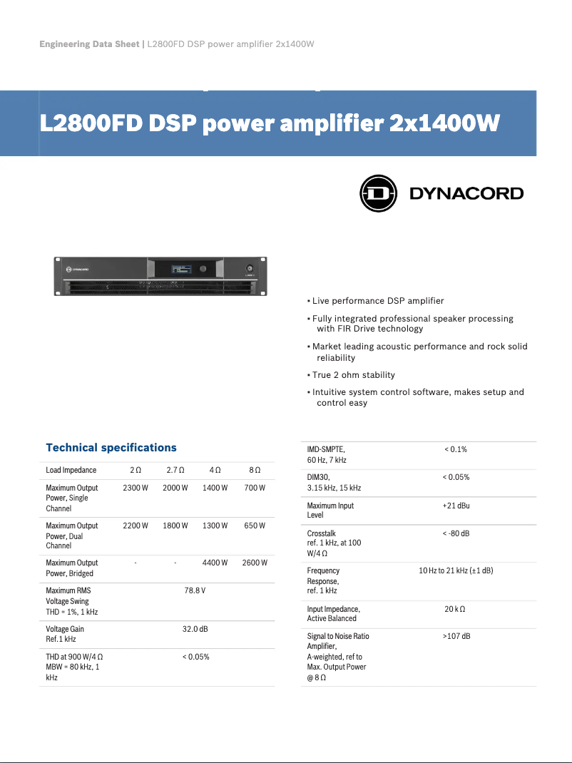 Page n°1 - Fiche technique Dynacord L2800FD DSP