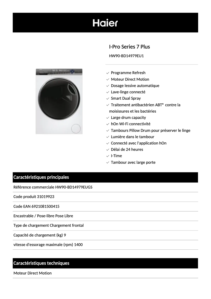 Page 1 de la notice Fiche technique Haier HW90-BD14979U1