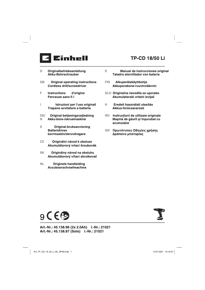 Page 1 de la notice Manuel utilisateur Einhell TE-CD 18/50 Li