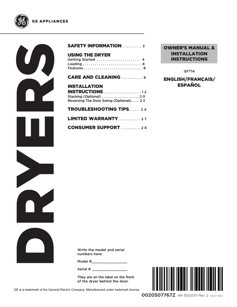 Page 1 de la notice Manuel d'utilisation et d'entretien GE GFT14ESSMWW