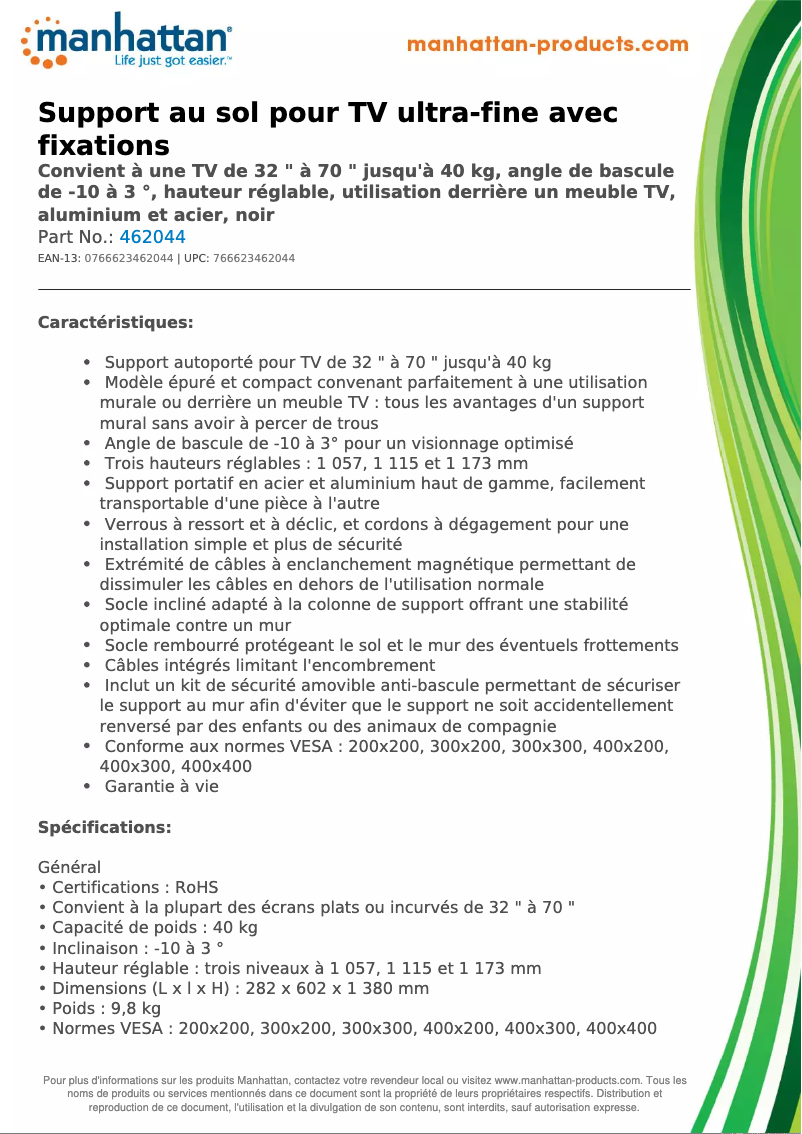 Page 1 de la notice Fiche technique Manhattan 462044