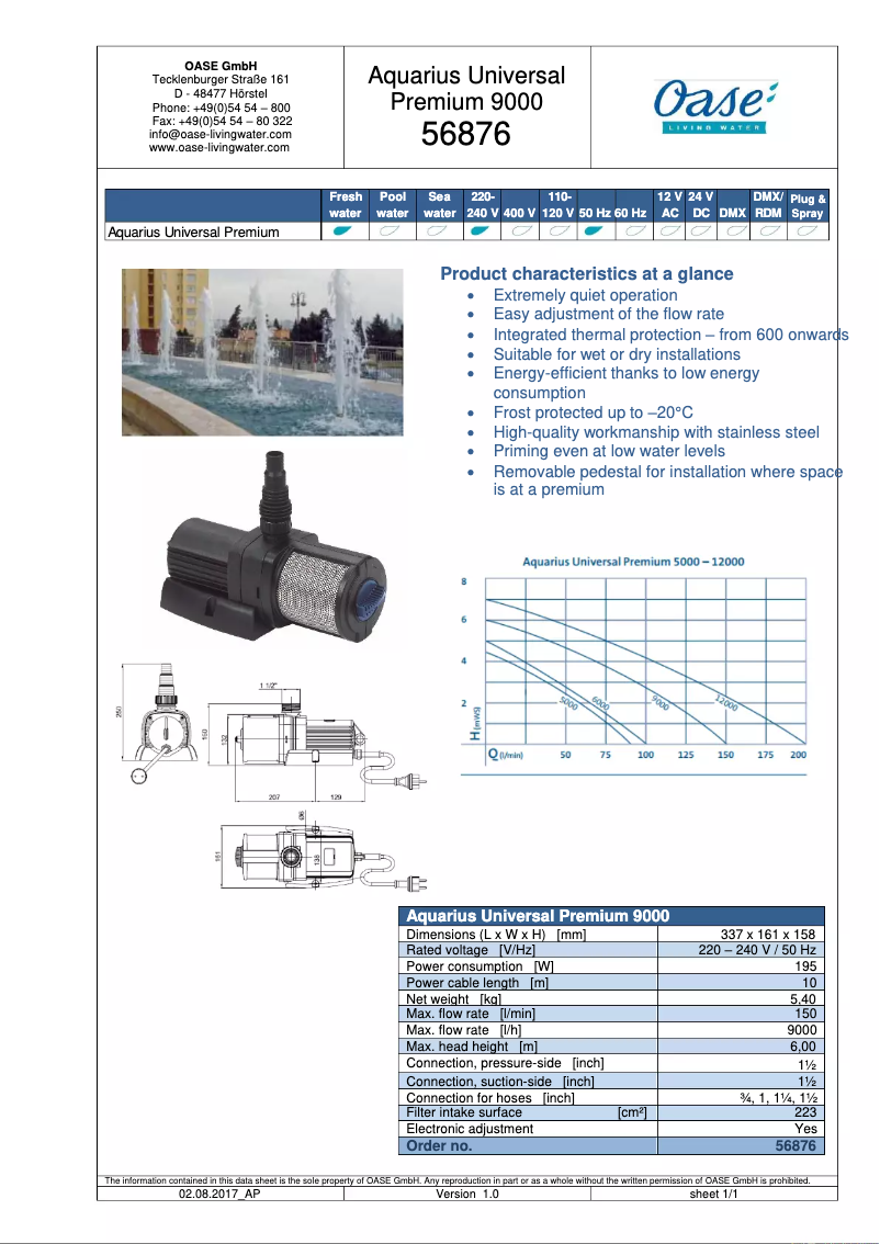 Page 1 de la notice Fiche technique Oase Aquarius Universal Premium 9000
