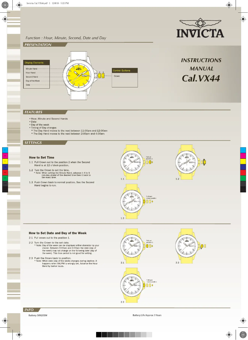 Page 1 de la notice Manuel utilisateur Invicta Specialty 6319
