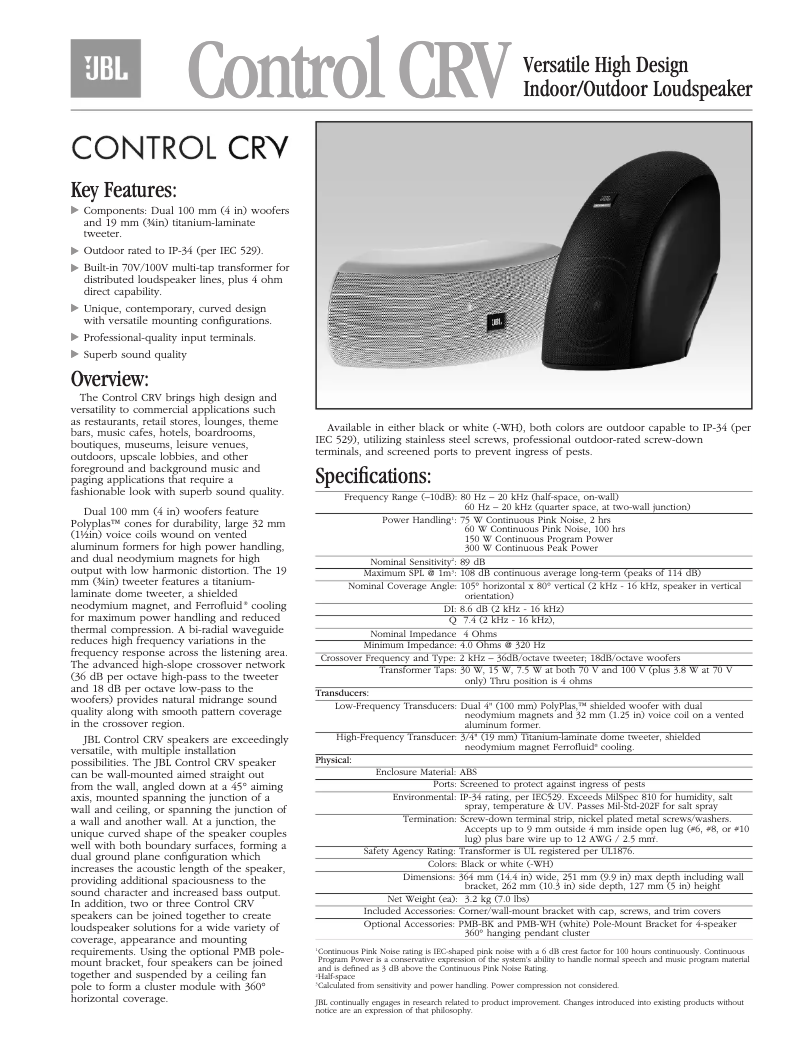 Page 1 de la notice Brochure JBL Control CRV