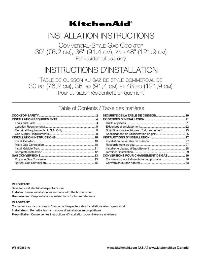 Page n°1 - Guide d'installation KitchenAid KCGC500JSS