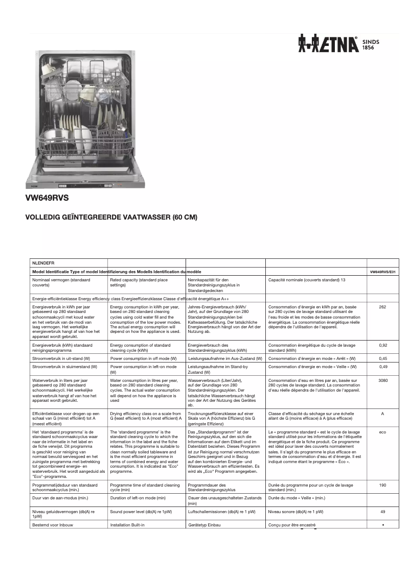 Page n°1 - Fiche technique Etna VW649RVS