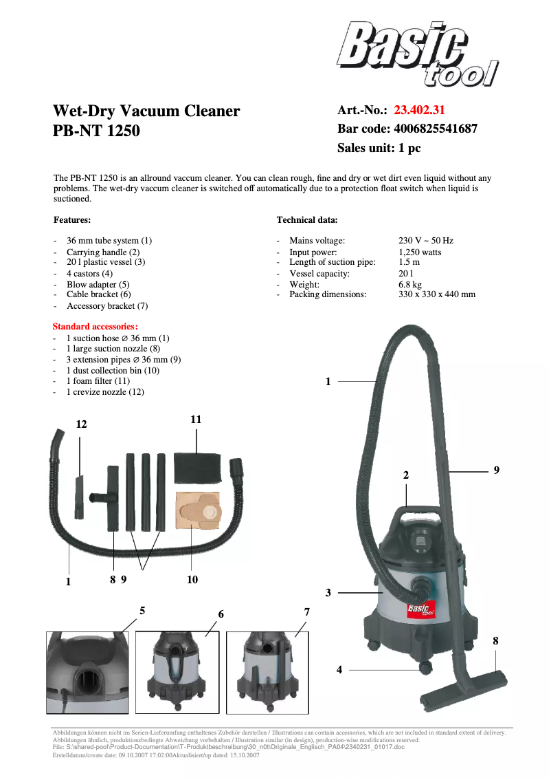 Page n°1 - Manuel utilisateur Basic tool PB-NT 1250