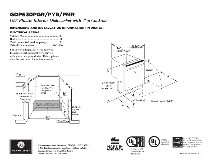 Page 1 of the manual Technical Sheet GE GDP630PGRBB