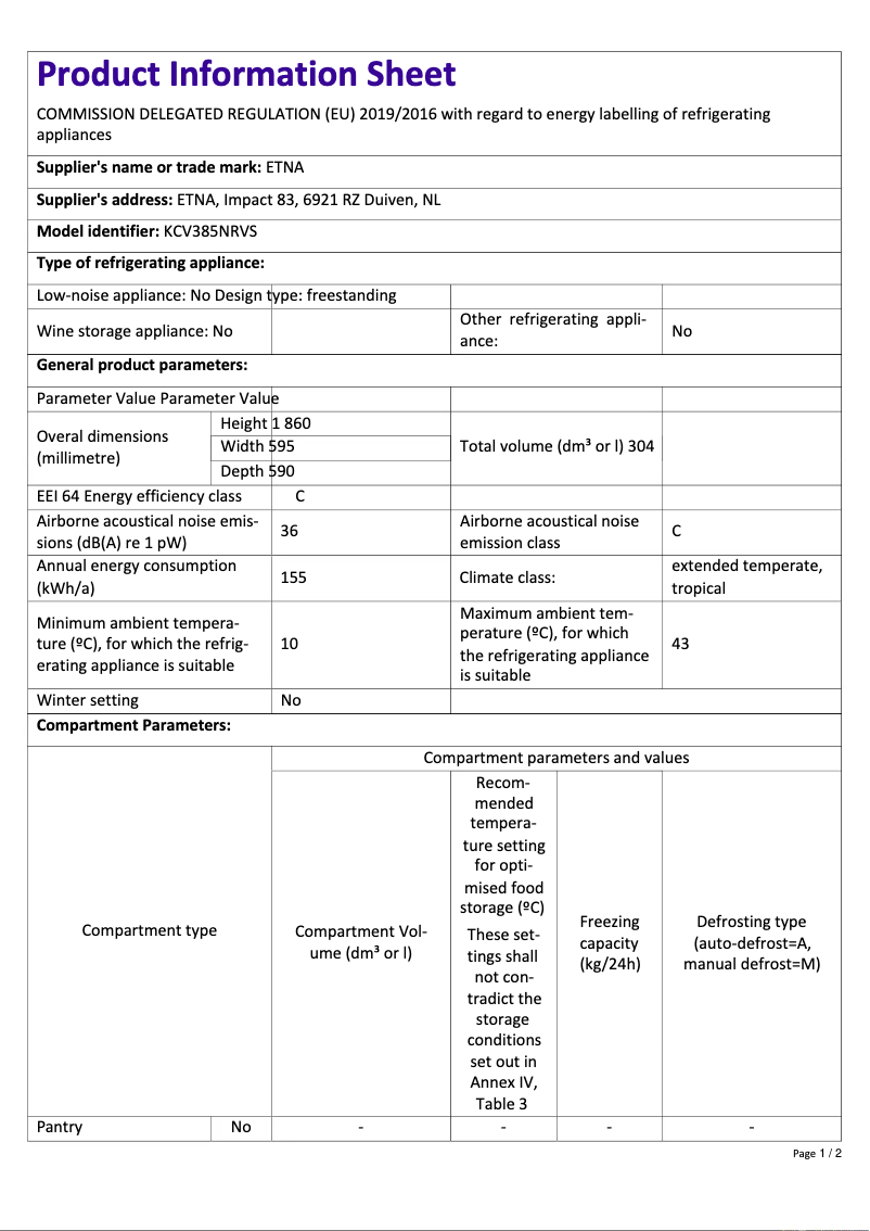 Page 1 de la notice Fiche technique Etna KCV385NRVS