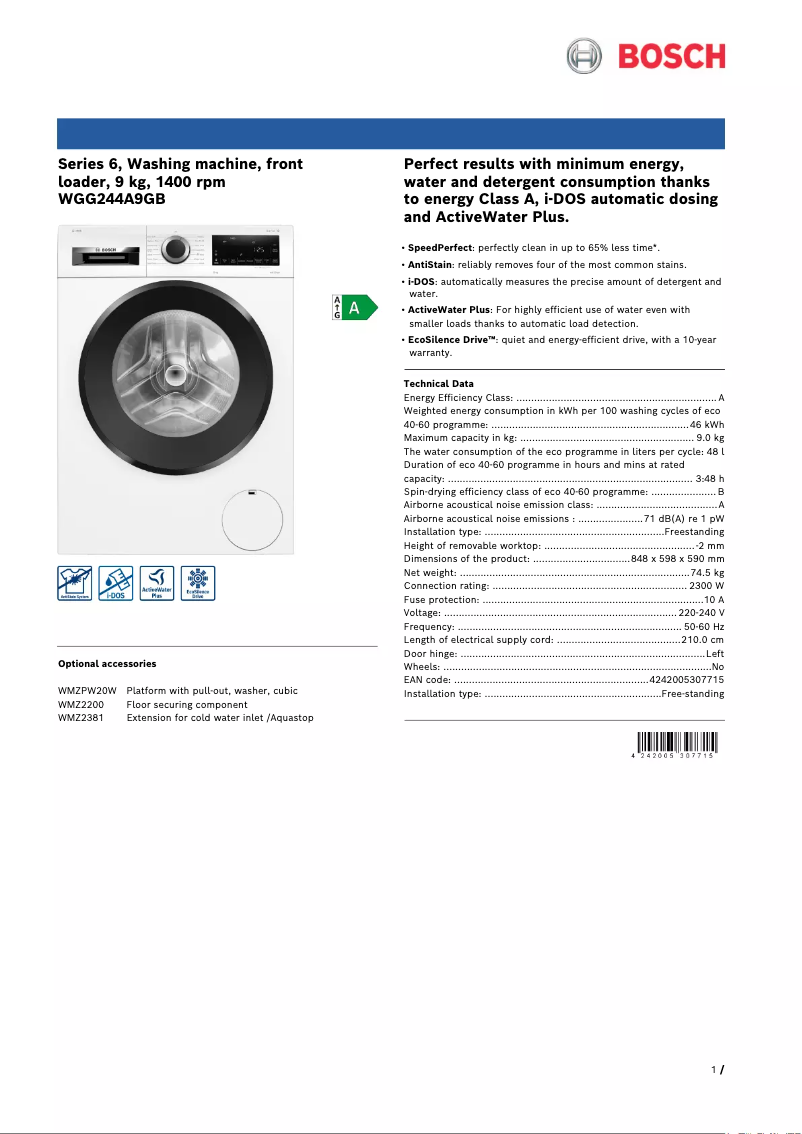 Page n°1 - Fiche technique Bosch Serie 6 WGG244A9GB