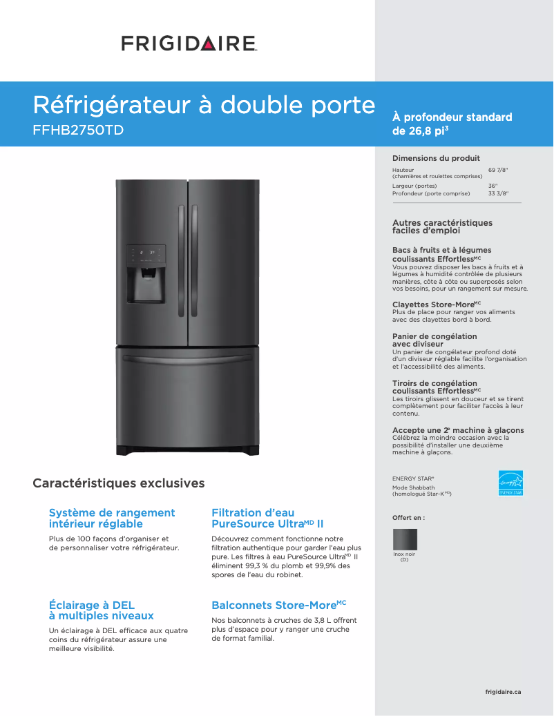 Page n°1 - Fiche technique Frigidaire FFHB2750TD