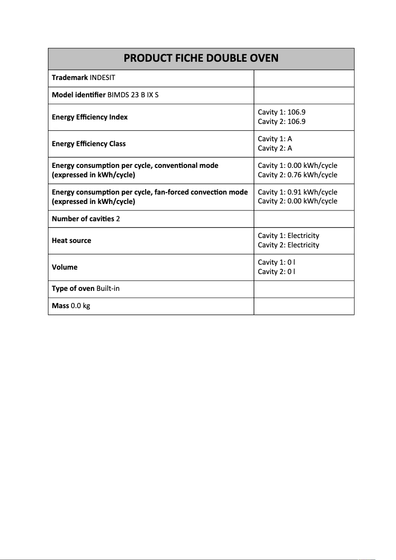 Page 1 de la notice Fiche technique Indesit BIMDS 23 B IX S