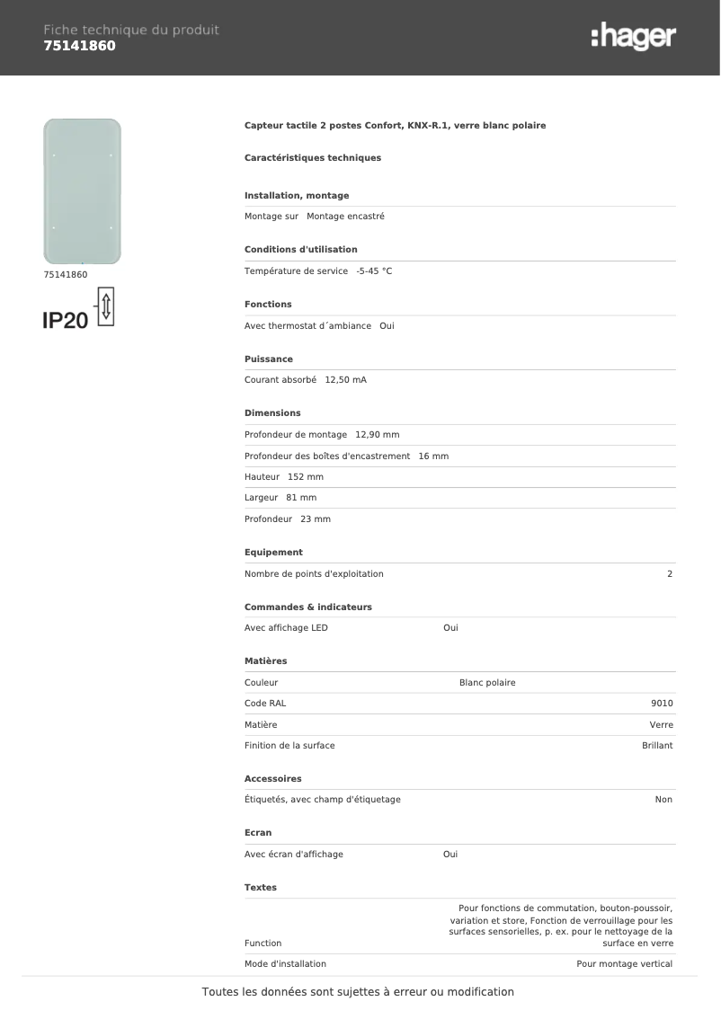 Page n°1 - Fiche technique Hager 75141860