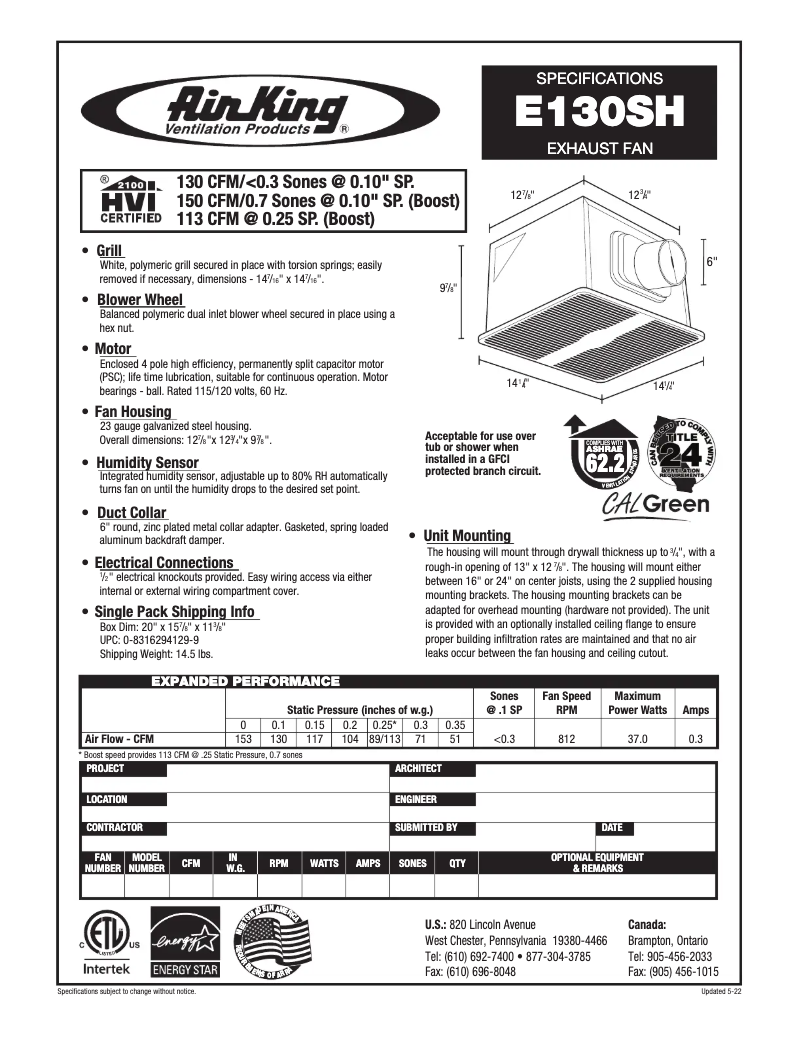 Page 1 de la notice Fiche technique Air King E130SH