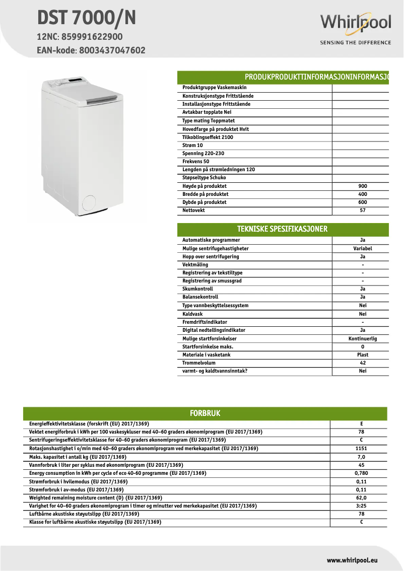 Page 1 de la notice Fiche technique Whirlpool DST 7000/N