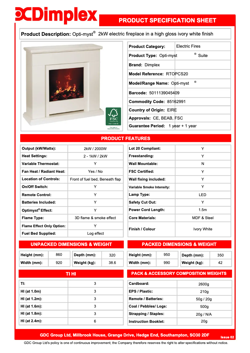 Page 1 de la notice Fiche technique Dimplex RTOPCS20
