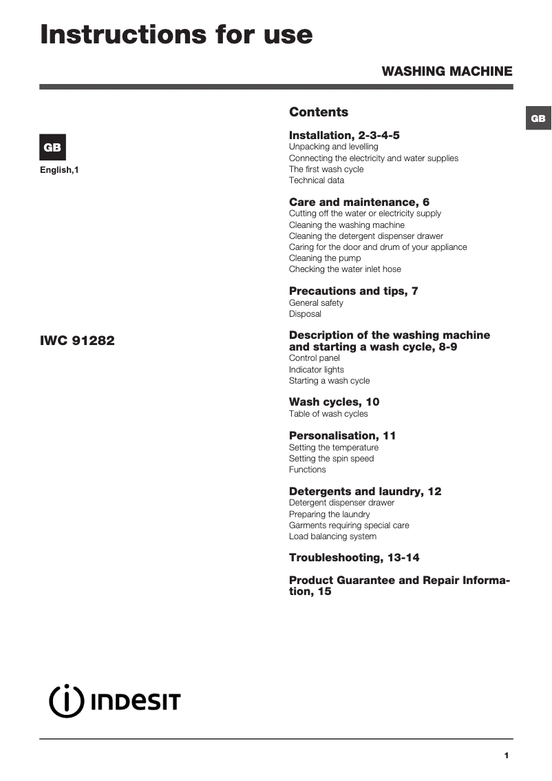 Page 1 de la notice Mode d'emploi Indesit IWC 91282 ECO UK.R