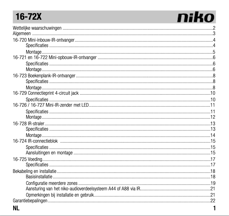 Page 1 de la notice Manuel utilisateur Niko 16-724