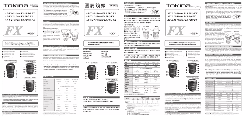 Page 1 de la notice Manuel utilisateur Tokina AT-X 16-28mm f/2.8 Pro FX Nikon
