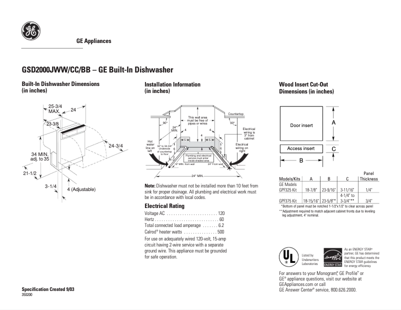 Page 1 de la notice Fiche technique GE GSD2000JWW