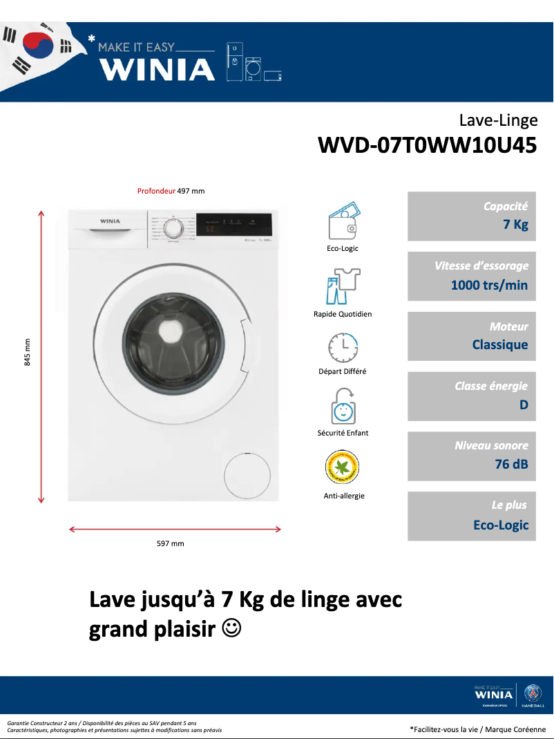 Page 1 de la notice Fiche technique Winia WVD-07T0WW10U45