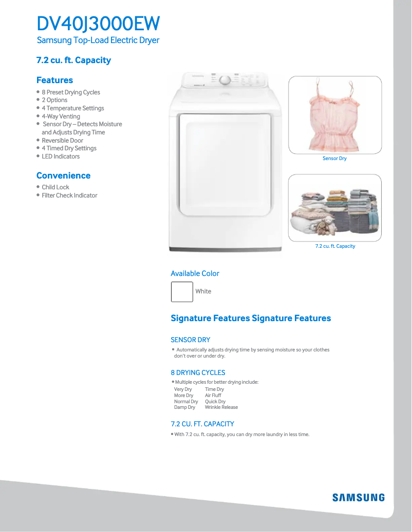 Page 1 de la notice Fiche technique Samsung DV40J3000EW