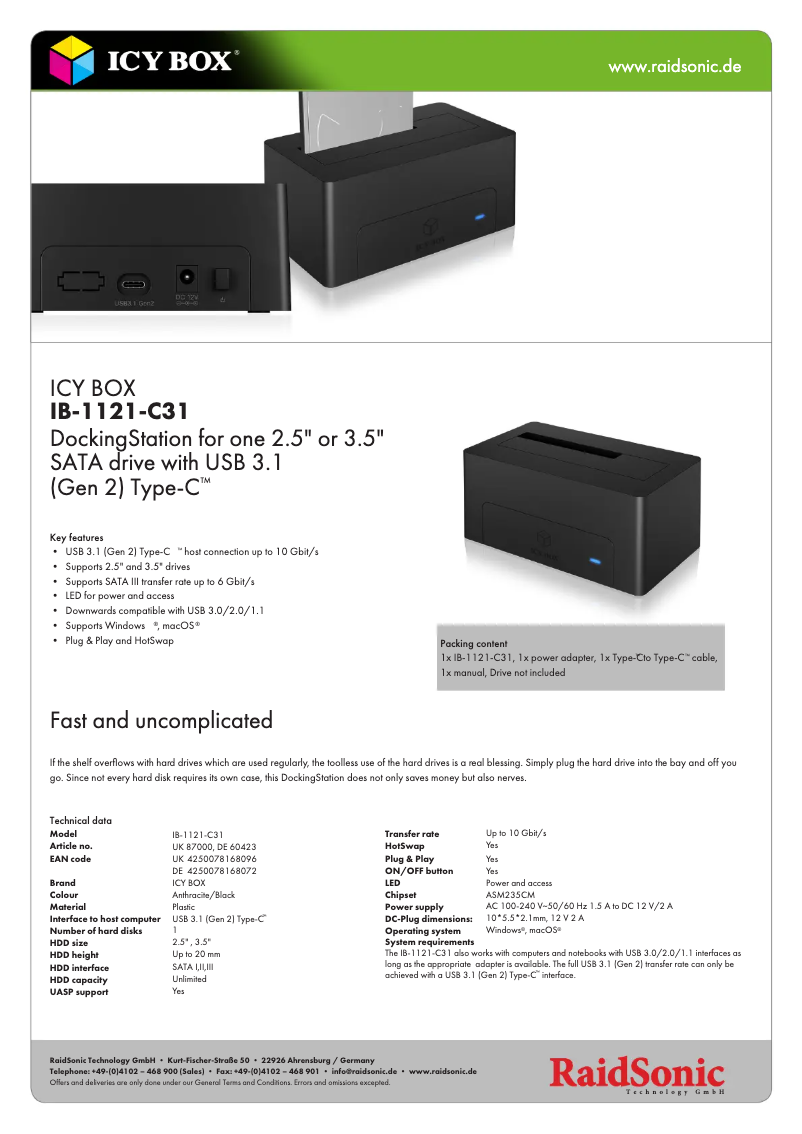 Page 1 de la notice Fiche technique Icy Box IB-1121-C31