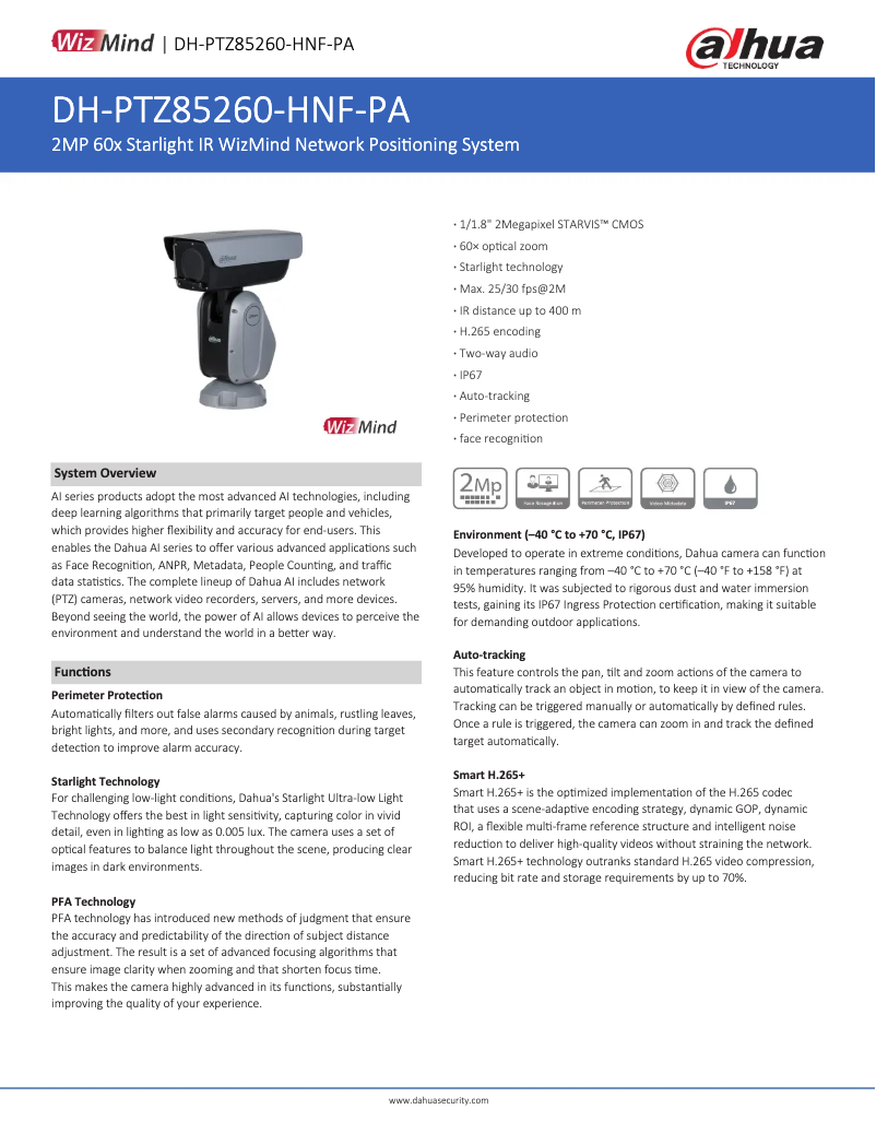 Page n°1 - Fiche technique Dahua Technology PTZ85260-HNF-PA