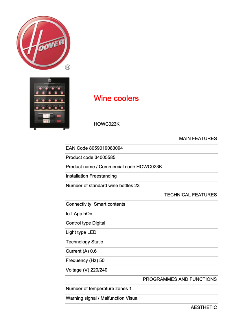 Page 1 de la notice Fiche technique Hoover HOWC023K