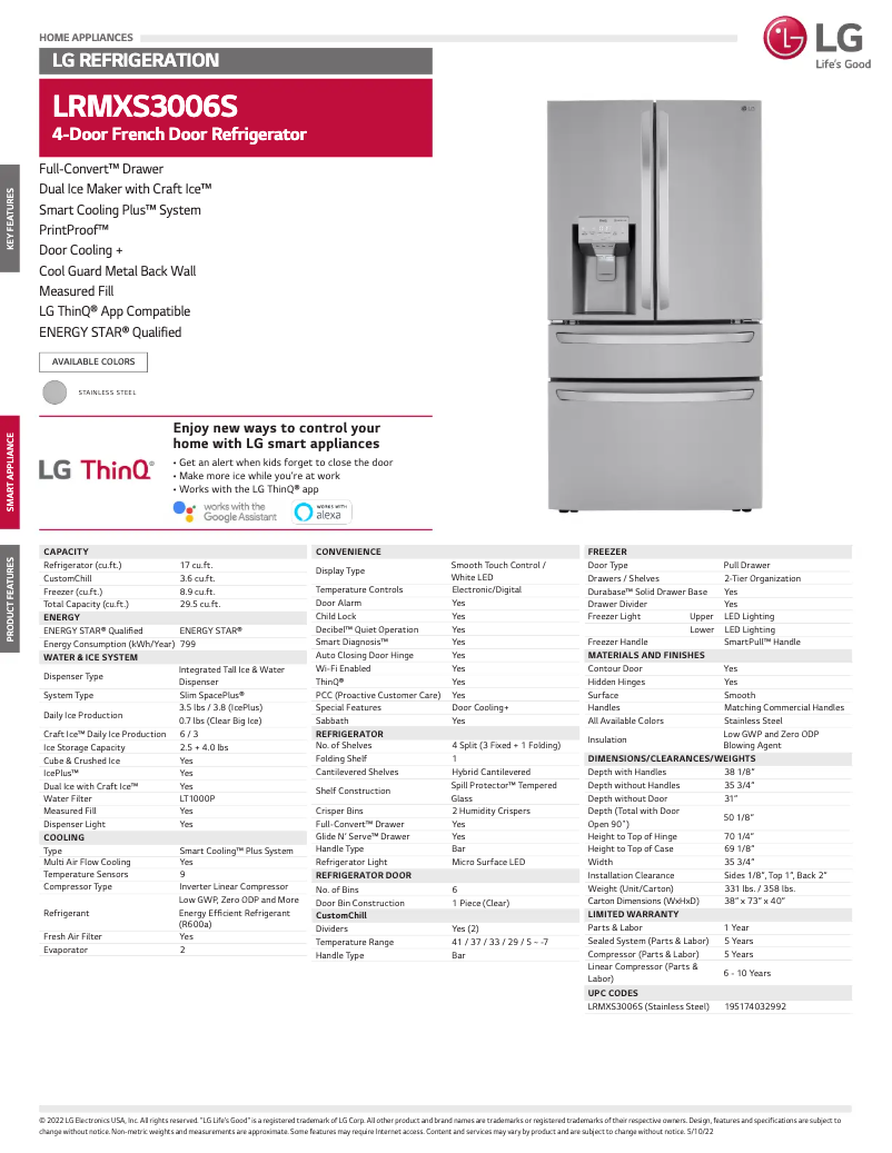 Page 1 de la notice Fiche technique LG LRMXS3006S